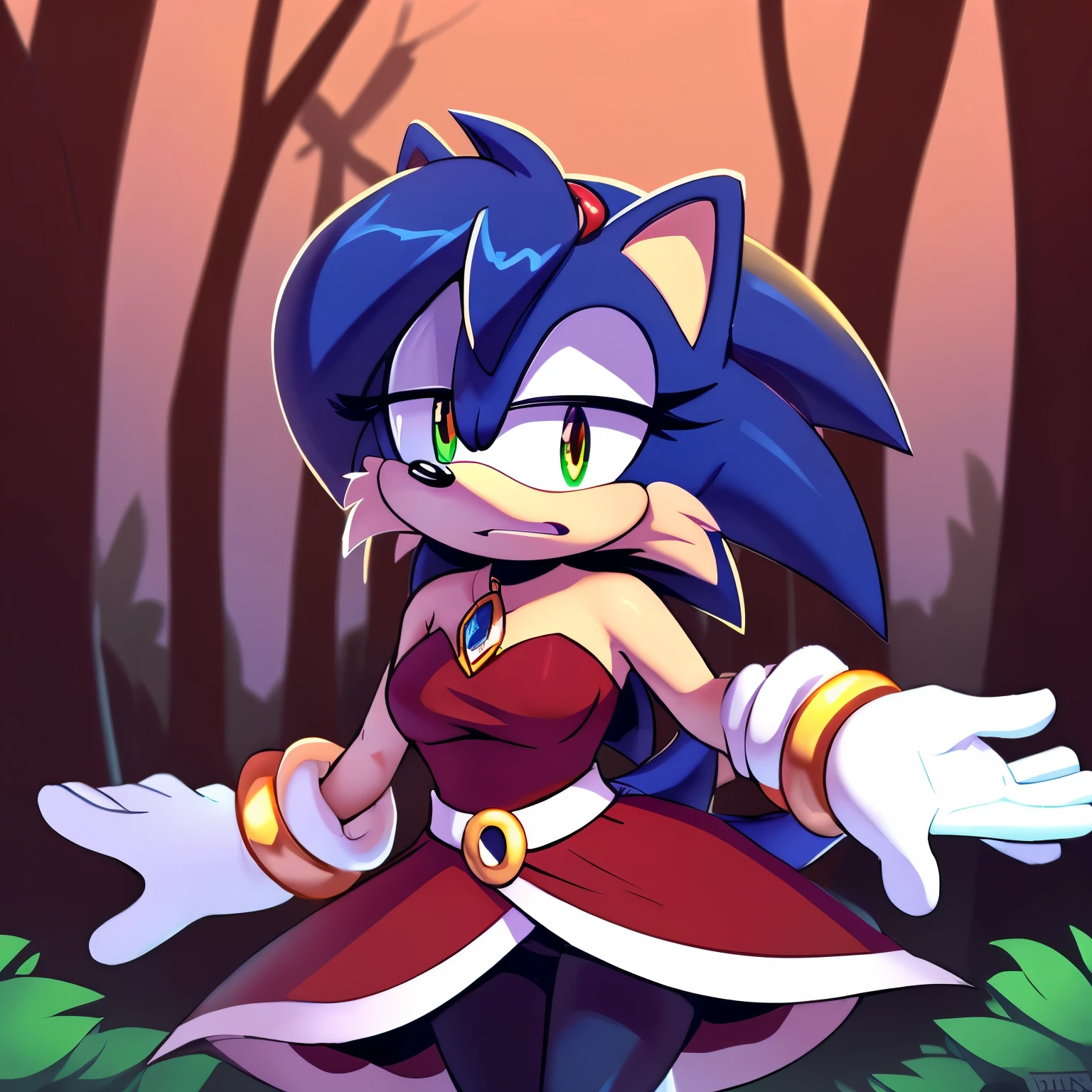 score_9, score_8_up, score_7_up, 2D, ((Masterpiece)), high quality, studio quality, solo, 1girl, Female, Mobian, ((((Hedgehog)))), (((indigo blue colored fur))), ((((hedgehog quills are smoothly curved upward)))), (((fluffy white tips on all quill))), fluffy quills, (large/long hedgehog quills), (upward hedgehog quills), yellow eyes, Nicole cosplay, cosplay, Nicole outfit, looking at viewer, embarrassed expression, forest, (hair bangs), looking nervously/scared, furry female anthro, Hedgehog ears, strapless darkish crimson red dress, split dress, black pants, black and white gloves, gold ring cuffs, standing, looking at viewer, darkish crimson red sleeveless dress with black and white split tails decorated with a white trim, and a small golden brooch with a darkish crimson red gem, medium breasts, darkish crimson red makeup