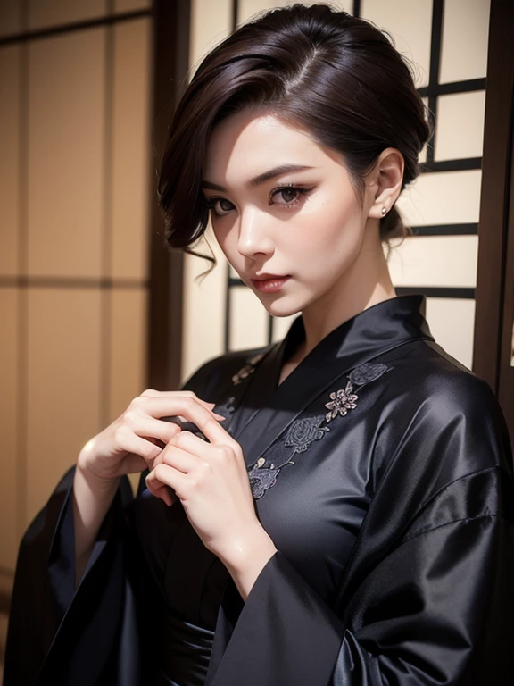 A beautiful widow, an evil MILF, a black kimono, mourning clothes, very short, undercut, brown hair