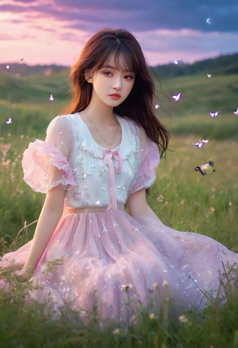 ballpa, mogumo, killow, sonomura00,sannso, night sky, girl sitting on a meadow in a beautiful dress, fluffy hair, butterflies around the girl, shooting stars, mystical atmosphere, high detail, rtx, 1girl,kawai,sweet, 15 years old, long dark brown hair,blue eyes, in a white s shirt with sleeves, long dark/blue skirt, cute face, pink sunset, pink clouds.