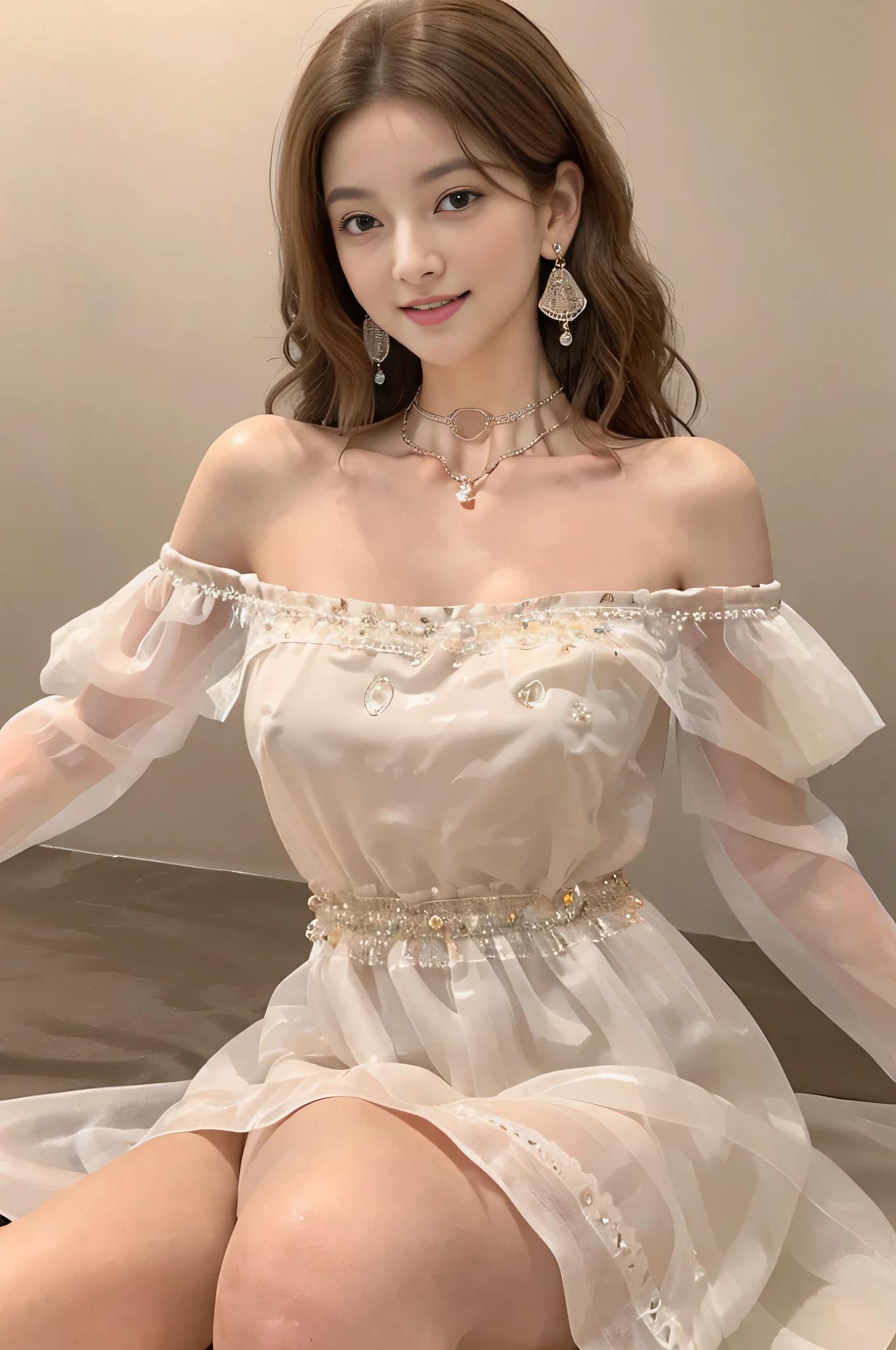 ((actual)), 1 busty girl, Posing for photos, exteriors, Seafront, Lie flat on the beach, Cross ed leg, pretty legs,detailed scene, curlies, Air bangs, beautiful hair ornaments, Brownish-yellow hair, (((Transparent see-throught dress)))((Sweet girly clothes 4,Off-the-shoulder dress,jewely,)), illuminate warmly, warm color palette, Detailed details, ultra - detailed, (tmasterpiece, Best quality at best), (An extremely delicate and beautiful work), Delicate earrings, Delicate necklace, simple blurr background, Extremely detailed description, Ultra-fine painting, delicated face, slim toned body, (ssmile, Teeth are exposed), (Anatomical correct)