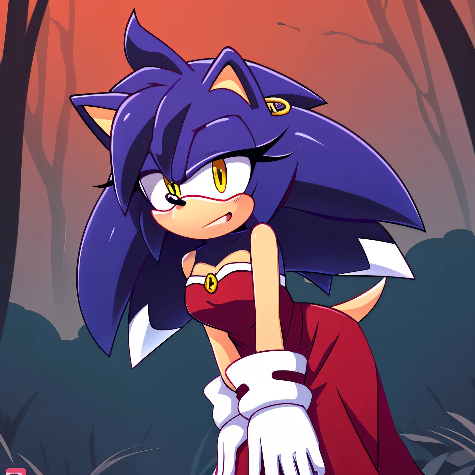 (a stunning) (masterpiece:1.2), (8k, high-resolution), (sonic:1.1), (blaze fusion with amy rose and rouge the bat:1.1)), (seductive), (revealing) sexy dress, (boldly colored) eyeshadow, (long, fluttering) eyelashes, (intense) menacing look, (alluringly) sultry, (mysterious) dark room, (provocative) lighting, vibrant colors