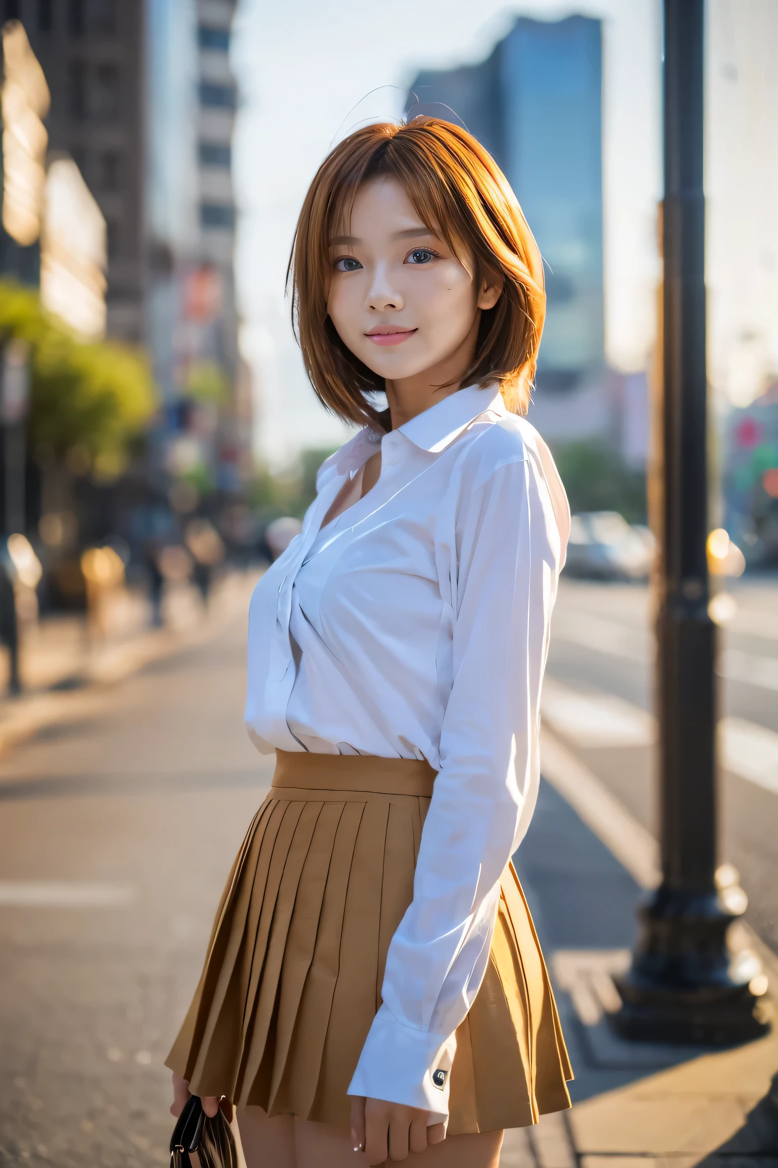 (18-year-old female), (The best quality at its best:1.4), (Super detailed), (Very detailed CG unified 16k), Beautiful woman with perfect figure: 1.4, Sharp focus: 1.2, Very detailed, High-quality RAW color photos, Professional photography, Great face and eyes, cosmetics, (Amazingly beautiful girl), ((Asuka)), ((shirt, Pleated mini skirt)), Are standing, Sexy posture,(Stylish cityscape, Dawn, Dawn:1.3), (View from below), Realistic movie faces, Wide zoomed out view of head to foot length, Full body long view, Realistic, ((Realistic natural orange red hairstyle, Realistic blue eyes, Short Bob Hair)), nice, Very beautiful face, Perfect model beauty, Mouth swelling, Highly detailed face and skin texture, Fine grain, double eyelid, Medium chest, smile, Crack, west, (masterpiece), highest quality, High resolution, Very detailed, Blurred Background, Depth of written boundary, Cinema Lighting, Great legs, High heels, Clear, well-maintained skin, (((Women make up the majority of the photo)))