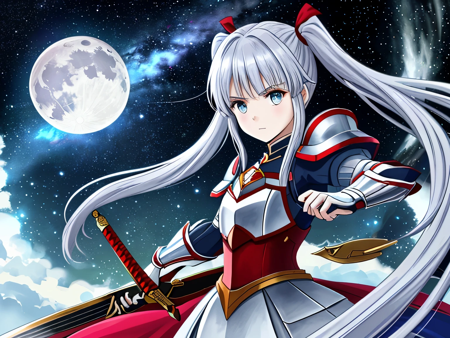 On the mountain cliff、Standing in red and silver armor and holding a sword,woman,Light blue long hair、Twin tails、 Hair is shaking and disheveled,Shooting star splash art、heroic,The face is clear and accurate,Facial details,Ultra-fine,16K resolution,high quality,Cinema lighting,high resolution,Dynamic Viewing Angle,Spectacular shooting,OC Rendering、Moonlit Night、Big Moon、Starry Sky、milky way、White owl