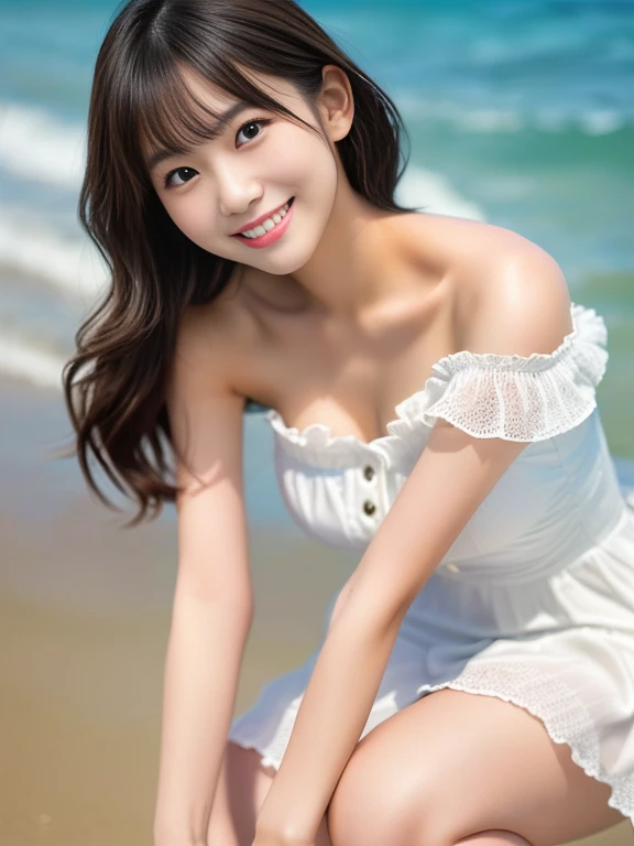 Photo-realistic quality、squatting on the beach、A Japanese woman wearing a white, loose-fitting mini dress, Realistic young gravure idol, Cute young woman, Beautiful girl model, Beautiful Asian Girl, Graceful smile pose, a Cute young woman, ,Japanese Model, Cute seductive smile, Real fleshy gravure idol, Smiling Kindly, Beautiful model girl, Cute Smile、looking at the camera、Detailed and beautiful eyes
