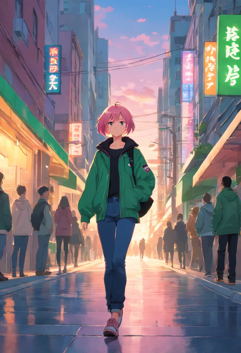 Teenage girl with short pink hair wearing a green jacket and black jean pants walks through the city 