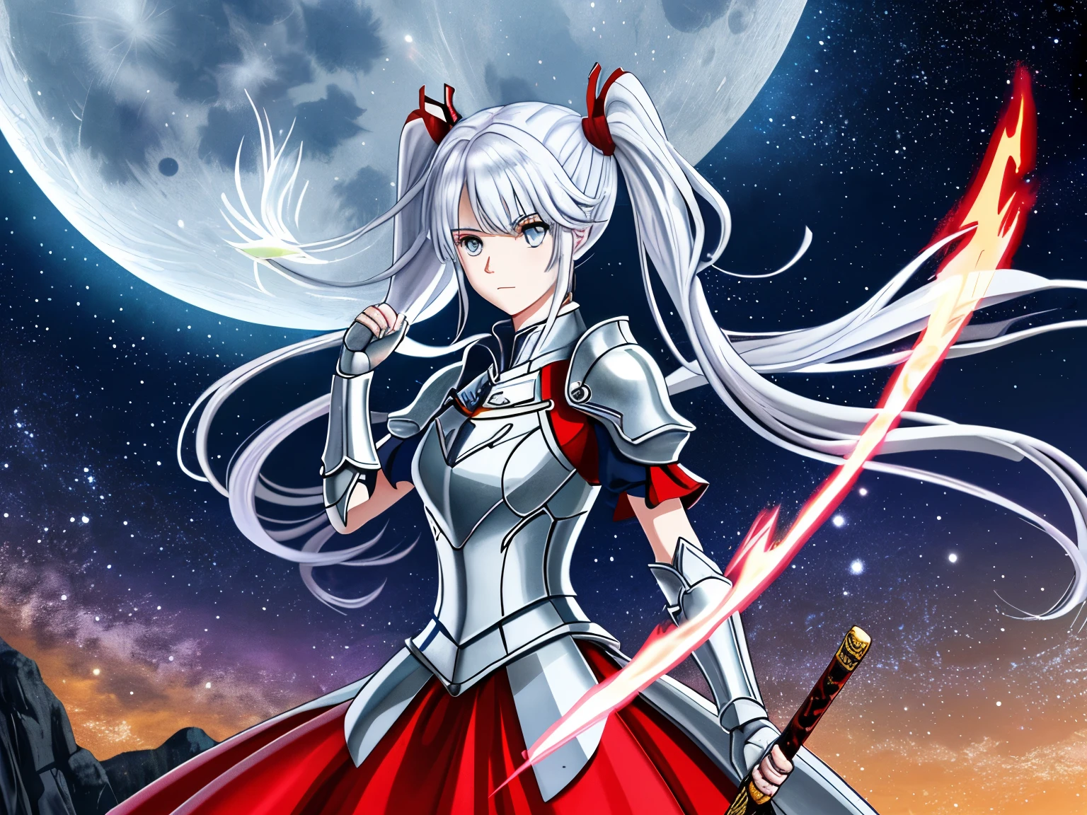 On the mountain cliff、Standing in red and silver armor and holding a sword,woman,Light blue long hair、Twin tails、 Hair is shaking and disheveled,Flame splash art、heroic,The face is clear and accurate,Facial details,Ultra-fine,16K resolution,high quality,Cinema lighting,high resolution,Dynamic Viewing Angle,Spectacular shooting,OC Rendering、Moonlit Night、Big Moon、Starry Sky、milky way、White owl