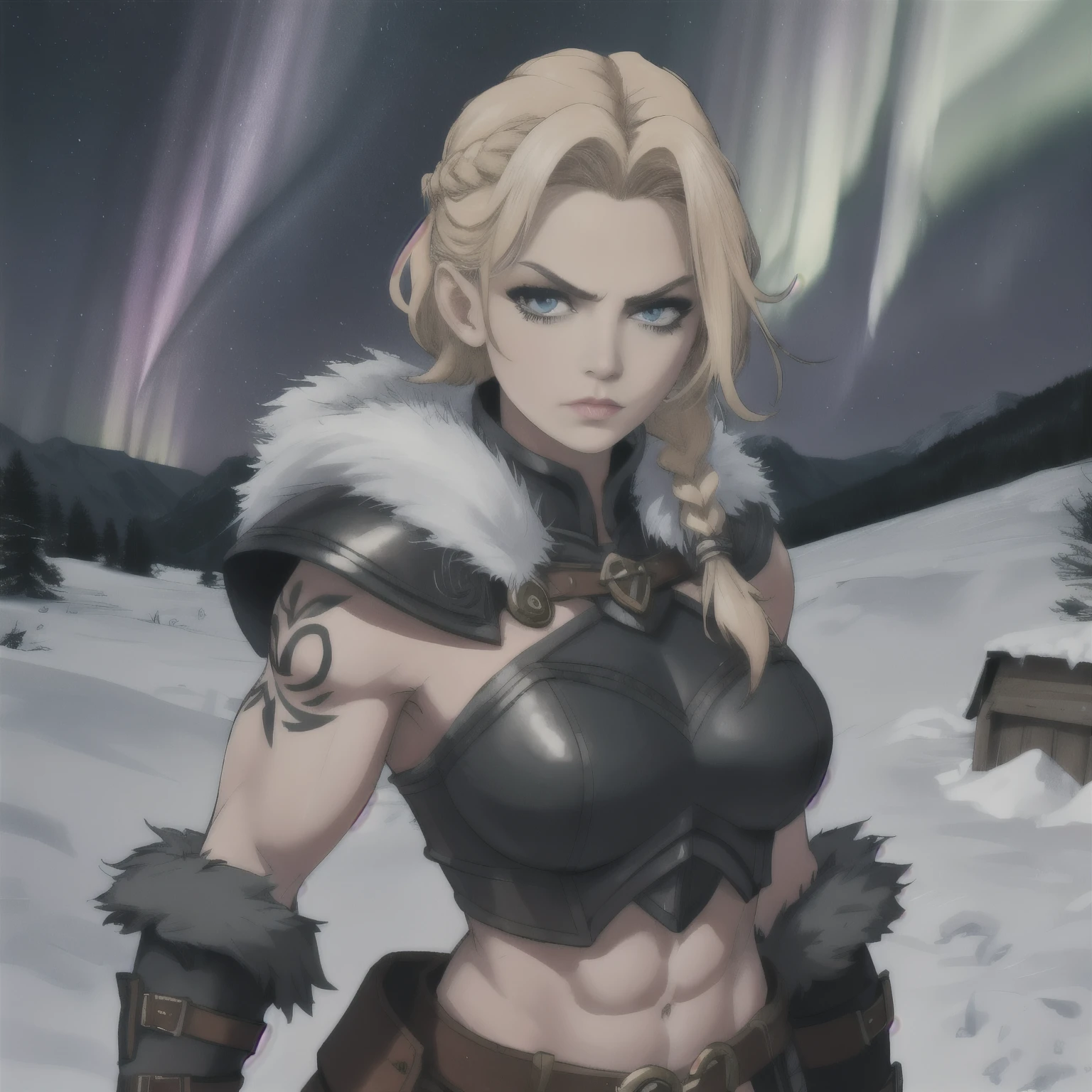 [ Eivor], woman, [,blonde hair,] serious, blue tattoos, braid, leather armor, fur trim, sleeveless, muscular, midriff, upper body, standing, looking at viewer, [northern lights, mountains, cold, camp,],4k,sharp image,detailed