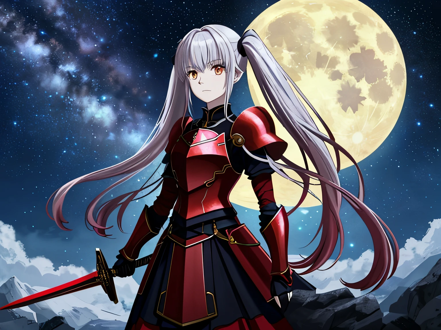 On the mountain cliff、Standing in red and black armor and holding a sword，woman，Light blue long hair、Twin tails、 Hair is shaking and disheveled，heroic，Like the whole body，The face is clear and accurate，Facial details，Ultra-fine，16K resolution，high quality，Cinema lighting，high resolution，Dynamic Viewing Angle，Spectacular shooting，OC Rendering、Moonlit Night、Big Moon、Starry Sky、milky way、White owl