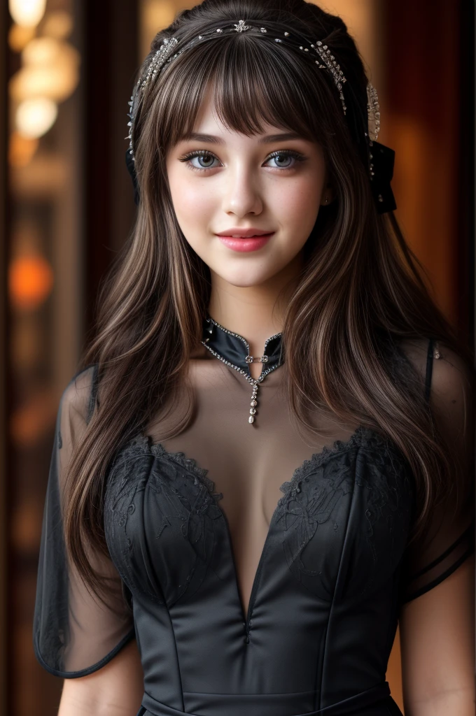A photo of a beautiful cute young woman black dress
