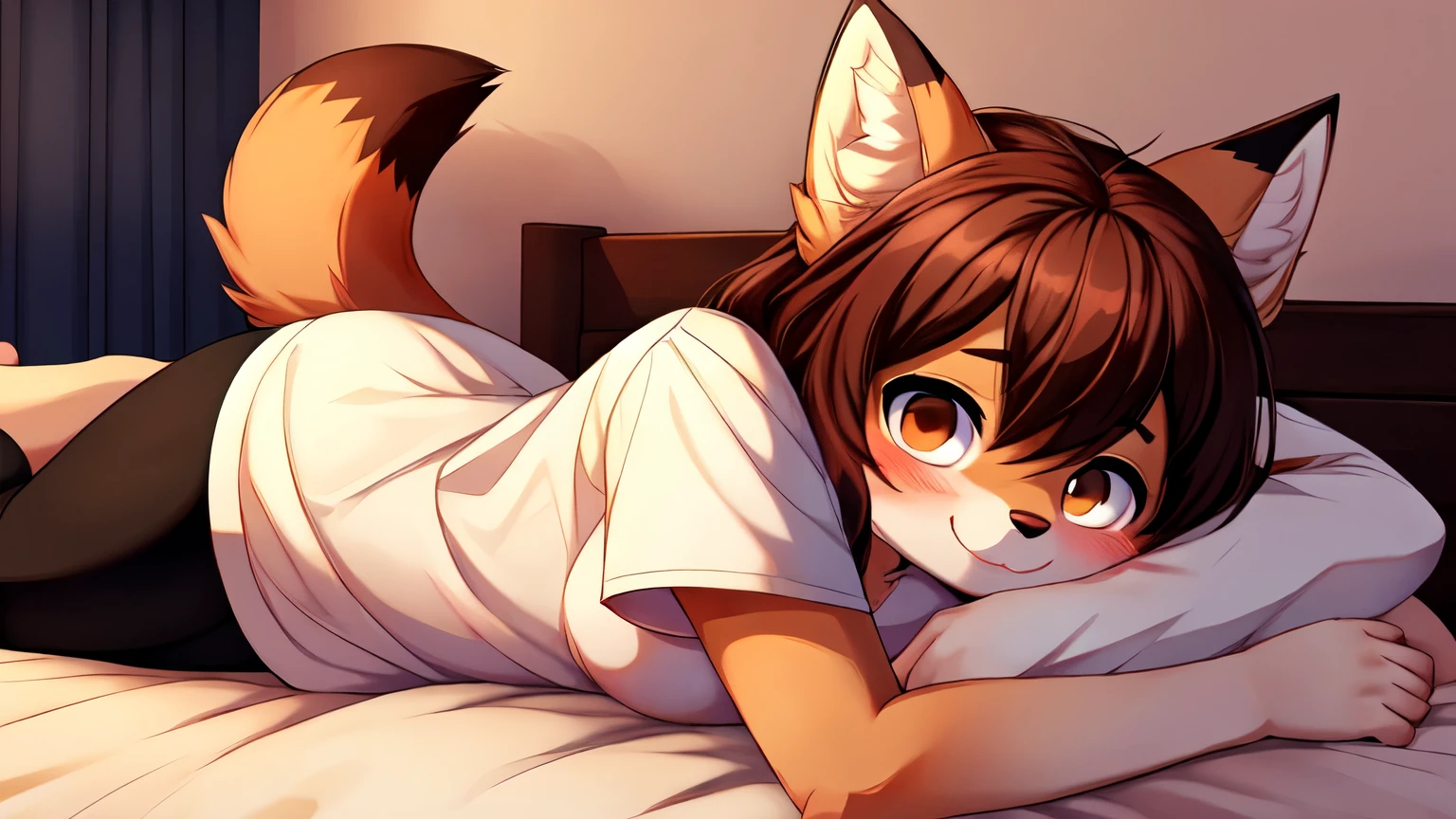 fox girl, furry female, furry, shy, solo, chubby, smiling, brown hair, brown eyes, blushed, cute, white t-shirt, black leggings, fallen in love, small breasts, bedroom, lying on bed, midnight