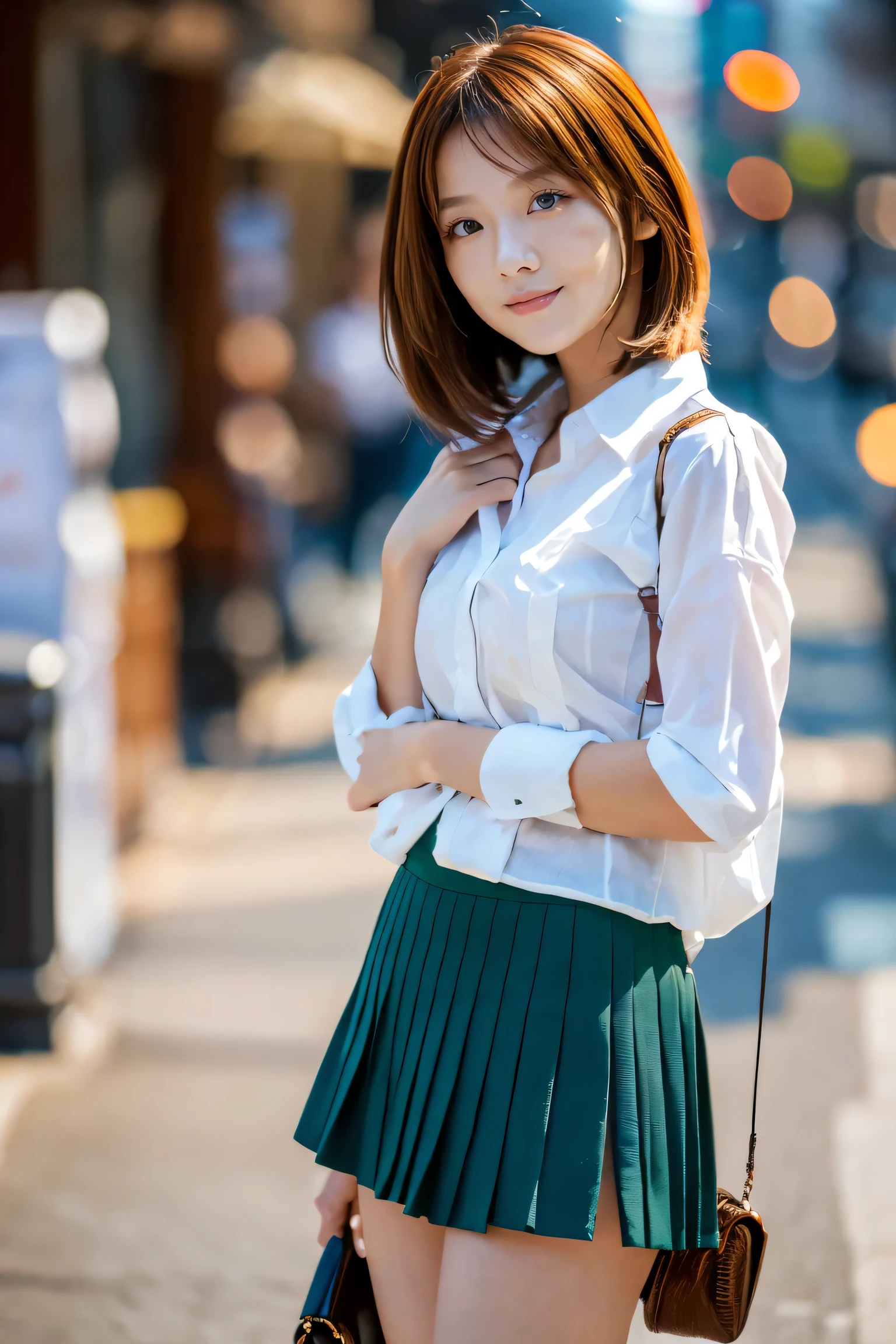 (18-year-old female), (The best quality at its best:1.4), (Super detailed), (Very detailed CG unified 16k), Beautiful woman with perfect figure: 1.4, Sharp focus: 1.2, Very detailed, High-quality RAW color photos, Professional photography, Great face and eyes, cosmetics, (Amazingly beautiful girl), ((Asuka)), ((shirt, Pleated mini skirt)), Are standing, Sexy posture，(Stylish cityscape, Dawn, Dawn:1.3), (View from below), Realistic movie faces, Wide zoomed out view of head to foot length, Full body long view, Realistic, ((Realistic natural orange red hairstyle, Realistic blue eyes, Short Bob Hair)), nice, Very beautiful face, Perfect model beauty, Mouth swelling, Highly detailed face and skin texture, Fine grain, double eyelid, Medium chest, smile, Crack, west, (masterpiece), highest quality, High resolution, Very detailed, Blurred Background, Depth of written boundary, Cinema Lighting, Great legs, High heels, Clear, well-maintained skin, (((Women make up the majority of the photo)))