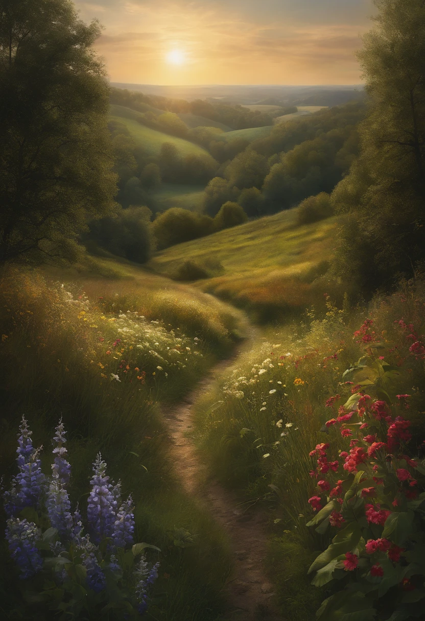 wildflowers in a clearing in the forest, rays of the sun, a narrow path, a village in the distance, on the horizon, at the foot of a hill, clouds, oil painting, hyperrealism, careful drawing, dark botany, fantasy, soft light, luxury, hyperdetalization, atmospheric, airy, mystical, bohemian style, elegance, Antonin Hudecek style, , lots of details