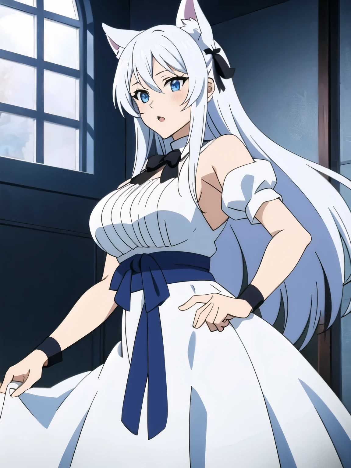 ((Masterpiece, highest quality: 1.2), detailed image, anime character, one girl, blue eyes, rich breasts, white dress, black ribbon tied around the waist, white animal ears, long white hair