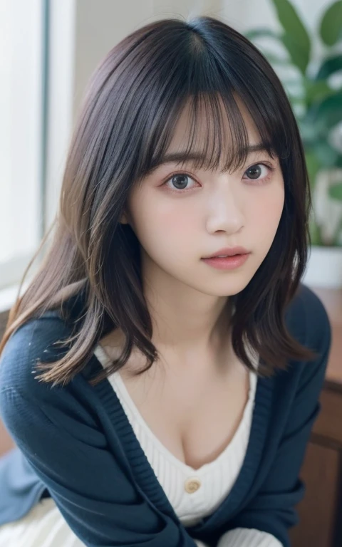 masterpiece, highest quality, 8k, 20th Generation, Large Breasts, cute, alone, sad, cute, Girlish, Delicate girl, Pure beauty,  RAW Photos, Professional photography, Portraiture, Soft Light, Professional Lighting, Backlight, Head to Knee, avert your eyes, Sophisticated, Film Grain, (Eyes and facial details:1.0), Short floating hair, Beautiful, flowing hair, bangs, (Loose cardigan(Dark blue))、(Large Breasts:1.0)、You can see a little cleavage、Micro Mini Skirt、Voluptuous thighs、Dolly Makeup、Odd Eye、The colour of the eyes are opposites