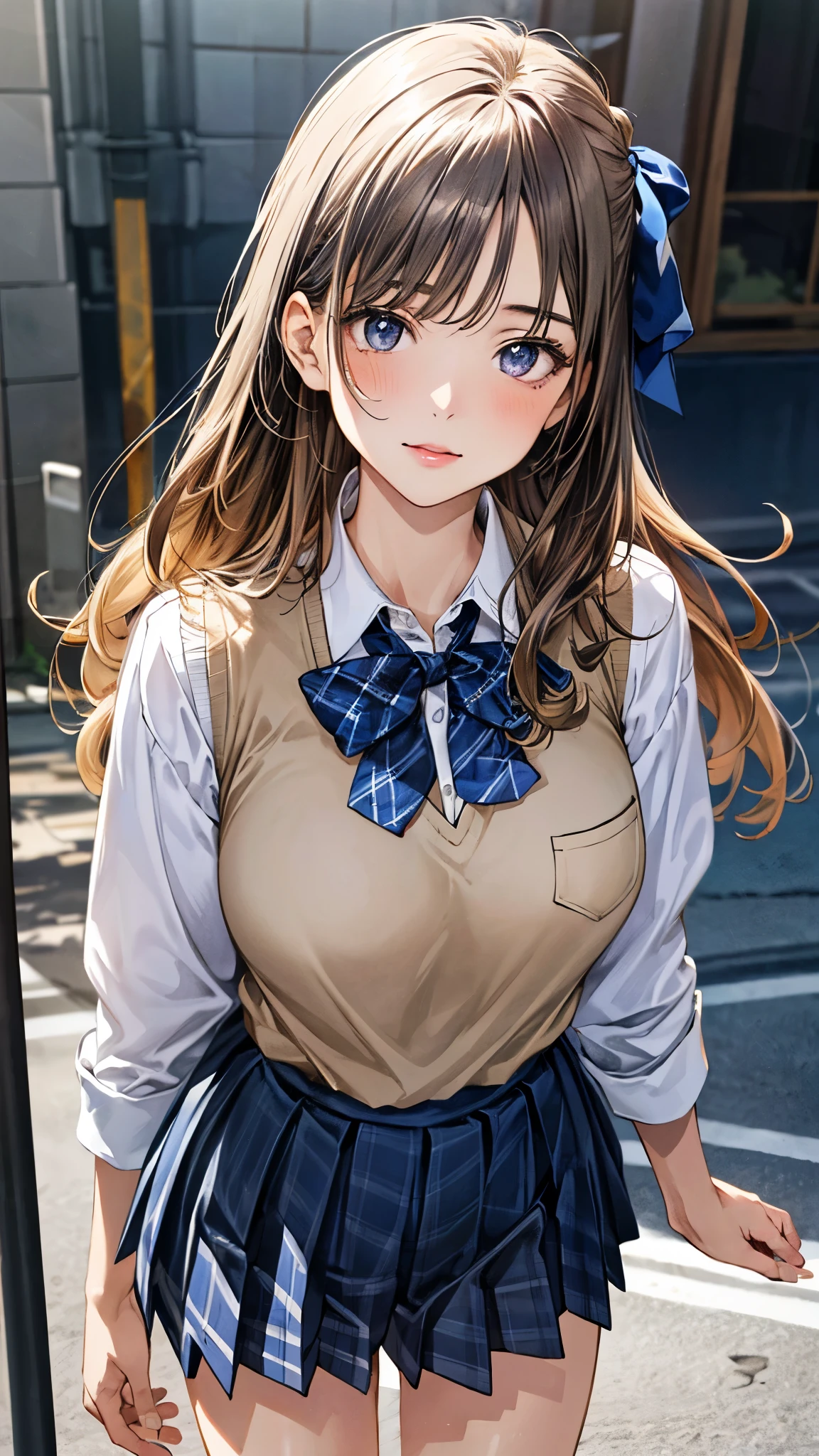 (masterpiece:1.3, top-quality, ultra high res, ultra detailed), (realistic, photorealistic:1.4), beautiful illustration, perfect lighting, natural lighting, colorful, depth of fields, surrealism, 
beautiful detailed hair, beautiful detailed face, beautiful detailed eyes, beautiful clavicle, beautiful body, beautiful chest, beautiful thigh, beautiful legs, beautiful fingers, shiny skin, babyface, 
looking at viewer, 1 girl, japanese, high school girl, (perfect anatomy, anatomically correct, super detailed skin), cute and symmetrical face, perfect face, perfect eyes, 
(long hair, (two side up), straight hair, sandy beige hair), asymmetrical bangs, blue eyes, big eyes, long eyelashes, (large breasts:1.2, seductive thighs), slender, outstanding style, 
((detailed cloth texture, break,break, white collared shirt, break,break, navy blue suit vest, break,break, blue plaid pleated skirt, break,break, purple blue bow tie), break,break, white socks, black loafer), 
(beautiful scenery), evening, (downtown), standing, leaning forward, (arms behind back), (jitome, no mouth),