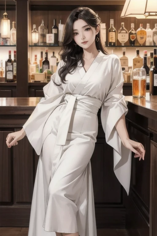 highest quality, Perfect Face, Complex, Beautiful views, Ultra-realistic 8K CG,Perfect artwork, 1 Female, Sayuri, alone, Large Breasts, Beautiful Skin, Beautiful feet, Beautiful Face, Beautiful body, White kimono, Long skirt, indoor, night, bar, Depth of written boundary, View your viewers , 