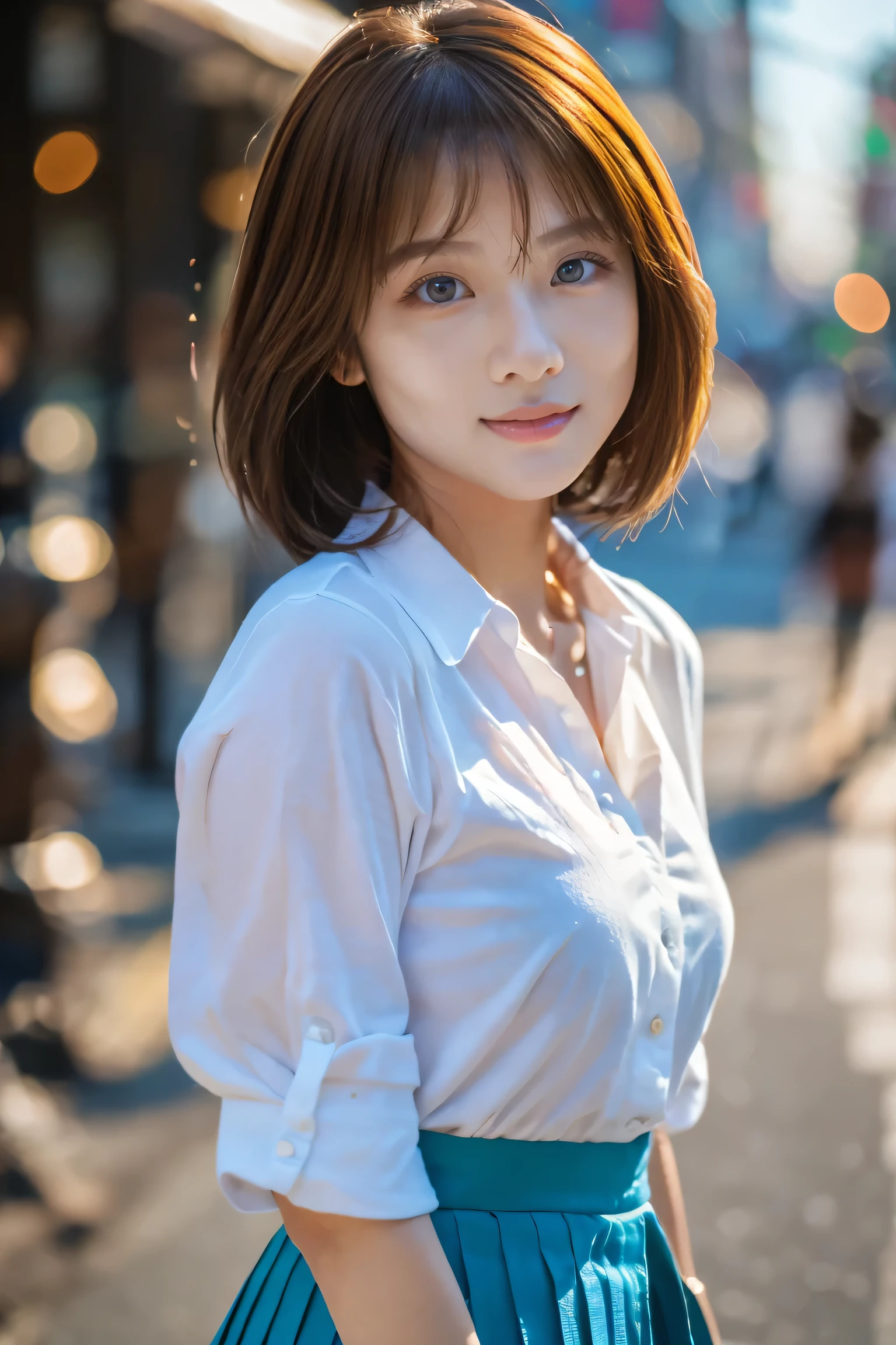 (18-year-old female), (The best quality at its best:1.4), (Super detailed), (Very detailed CG unified 16k), Beautiful woman with perfect figure: 1.4, Sharp focus: 1.2, Very detailed, High-quality RAW color photos, Professional photography, Great face and eyes, Beautiful eyelashes、cosmetics, (Amazingly beautiful girl), ((blouse, Tight Skirt)), Are standing, Sexy posture,(Stylish cityscape, dawn:1.3), (View from below), Realistic movie faces, Wide zoomed out view of head to foot length, Full body long view, Realistic, ((Realistic natural orange red hairstyle, Realistic blue eyes, Short Bob Hair)), nice, Very beautiful face, Perfect model beauty, Mouth swelling, Highly detailed face and skin texture, Fine grain, double eyelid, Medium chest, smile, Crack, west, (masterpiece), highest quality, High resolution, Very detailed, Blurred Background, Depth of written boundary, Cinema Lighting, Great legs, High heels, Clear, well-maintained skin, (((Women make up the majority of the photo)))