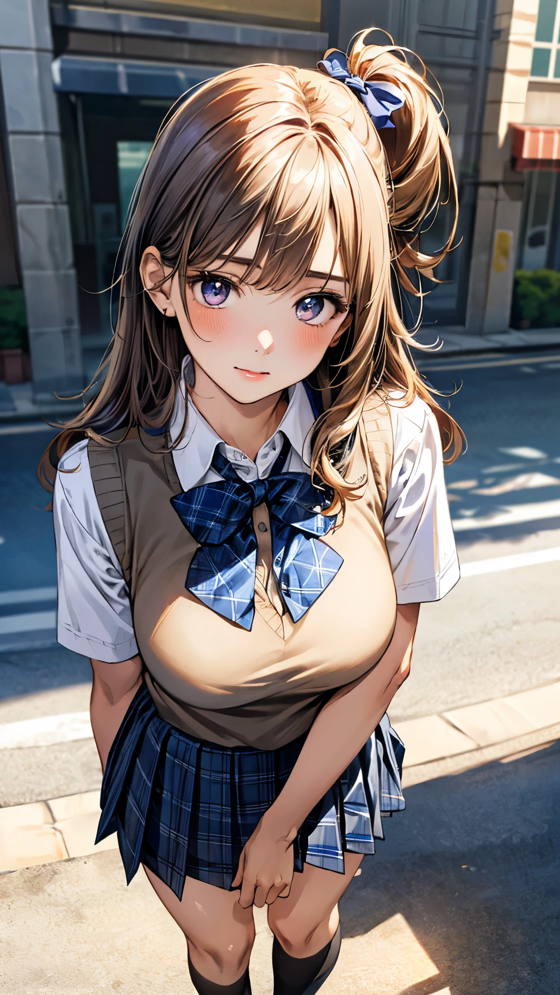 (masterpiece:1.2, top-quality), (realistic, photorealistic:1.4), beautiful illustration, (natural side lighting, movie lighting),
looking at viewer, cowboy shot, front view:0.6, 1 girl, japanese, high school girl, perfect face, cute and symmetrical face, shiny skin,
(middle hair:1.8, straight hair:1.7, brown hair), asymmetrical bangs, gold eyes, (large breasts:1.1, thick thighs),
beautiful hair, beautiful face, beautiful detailed eyes, beautiful clavicle, beautiful body, beautiful chest, beautiful thigh, beautiful legs,
((light blue collared shirts, navy pleated mini skirt, socks, navy tie, navy vest, white thighhighs)), pink panties,
(beautiful scenery), evening, street, vibrator in thighhighs, (lifting skirt myself, ), (dildo under clothes),
((ahegao, ashamed, scared, open mouth)),