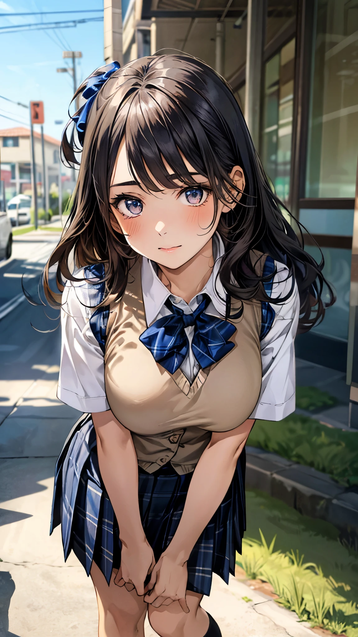(masterpiece:1.3, top-quality, ultra high res, ultra detailed), (realistic, photorealistic:1.4), beautiful illustration, perfect lighting, natural lighting, colorful, depth of fields, surrealism,
beautiful detailed hair, beautiful detailed face, beautiful detailed eyes, beautiful clavicle, beautiful body, beautiful chest, beautiful thigh, beautiful legs, beautiful fingers, shiny skin, face,
looking at viewer, 1 girl, japanese, high school girl, (perfect anatomy, anatomically correct, super detailed skin), cute and symmetrical face, perfect face, perfect eyes,
(long hair, (two side up), straight hair, sandy beige hair), asymmetrical bangs, blue eyes, big eyes, long eyelashes, (large breasts:1.2, seductive thighs), slender, outstanding style,
((detailed cloth texture, break,break, white collared shirt, break,break, navy blue suit vest, break,break, blue plaid pleated skirt, break,break, purple blue bow tie), break,break, white socks, black loafer),
(beautiful scenery), evening, (downtown), standing, leaning forward, (arms behind back), (jitome, no mouth),