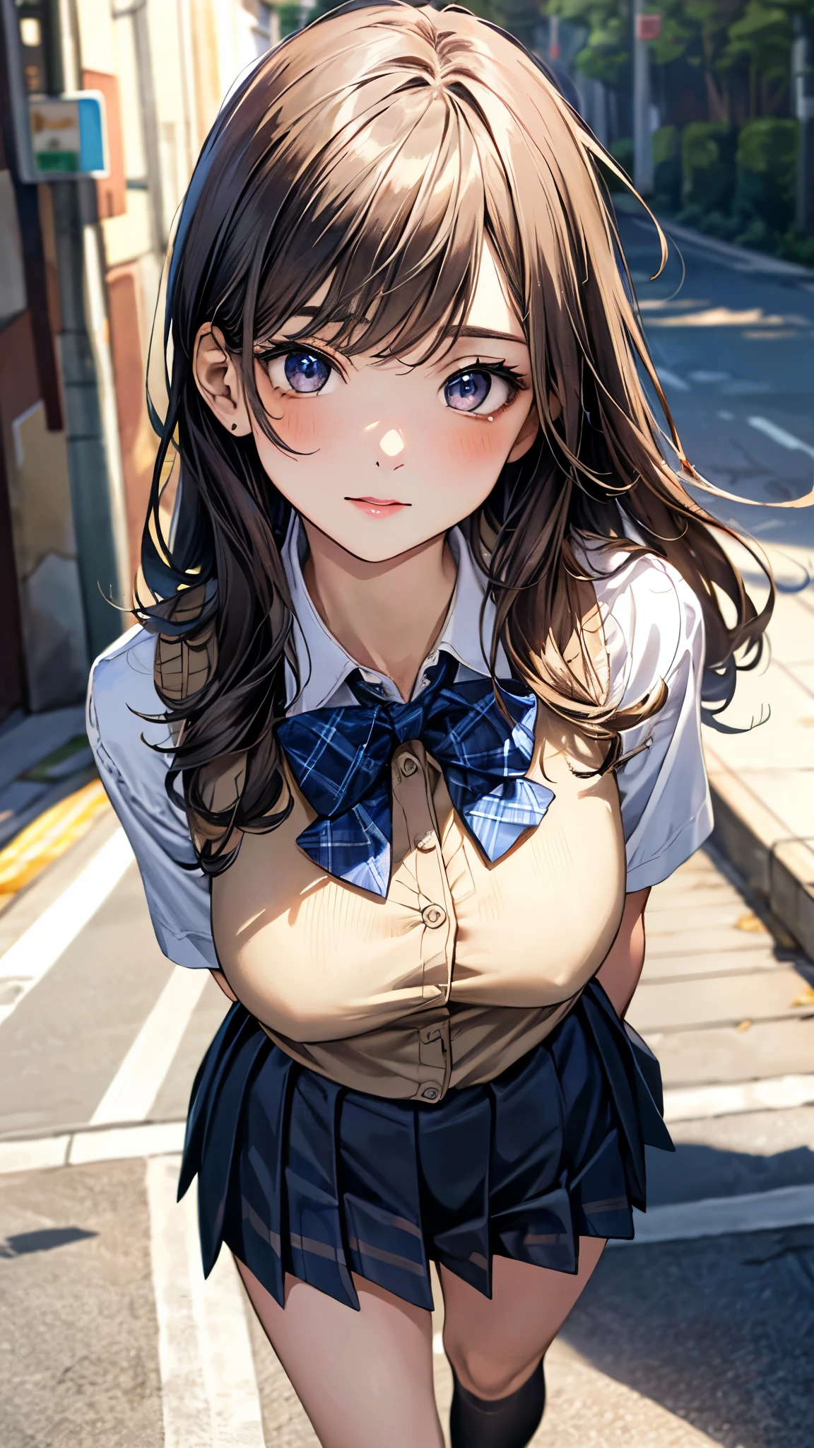 (masterpiece:1.3, top-quality, ultra high res, ultra detailed), (realistic, photorealistic:1.4), beautiful illustration, perfect lighting, natural lighting, colorful, depth of fields, surrealism,
beautiful detailed hair, beautiful detailed face, beautiful detailed eyes, beautiful clavicle, beautiful body, beautiful chest, beautiful thigh, beautiful legs, beautiful fingers, shiny skin, babyface,
looking at viewer, 1 girl, japanese, high school girl, (perfect anatomy, anatomically correct, super detailed skin), cute and symmetrical face, perfect face, perfect eyes,
(long hair, (two side up), straight hair, sandy beige hair), asymmetrical bangs, blue eyes, big eyes, long eyelashes, (large breasts:1.2, seductive thighs), slender, outstanding style,
((detailed cloth texture, break,break, white collared shirt, break,break, navy blue suit vest, break,break, blue plaid pleated skirt, break,break, purple blue bow tie), break,break, white socks, black loafer),
(beautiful scenery), evening, (downtown), standing, leaning forward, (arms behind back), (jitome, no mouth),