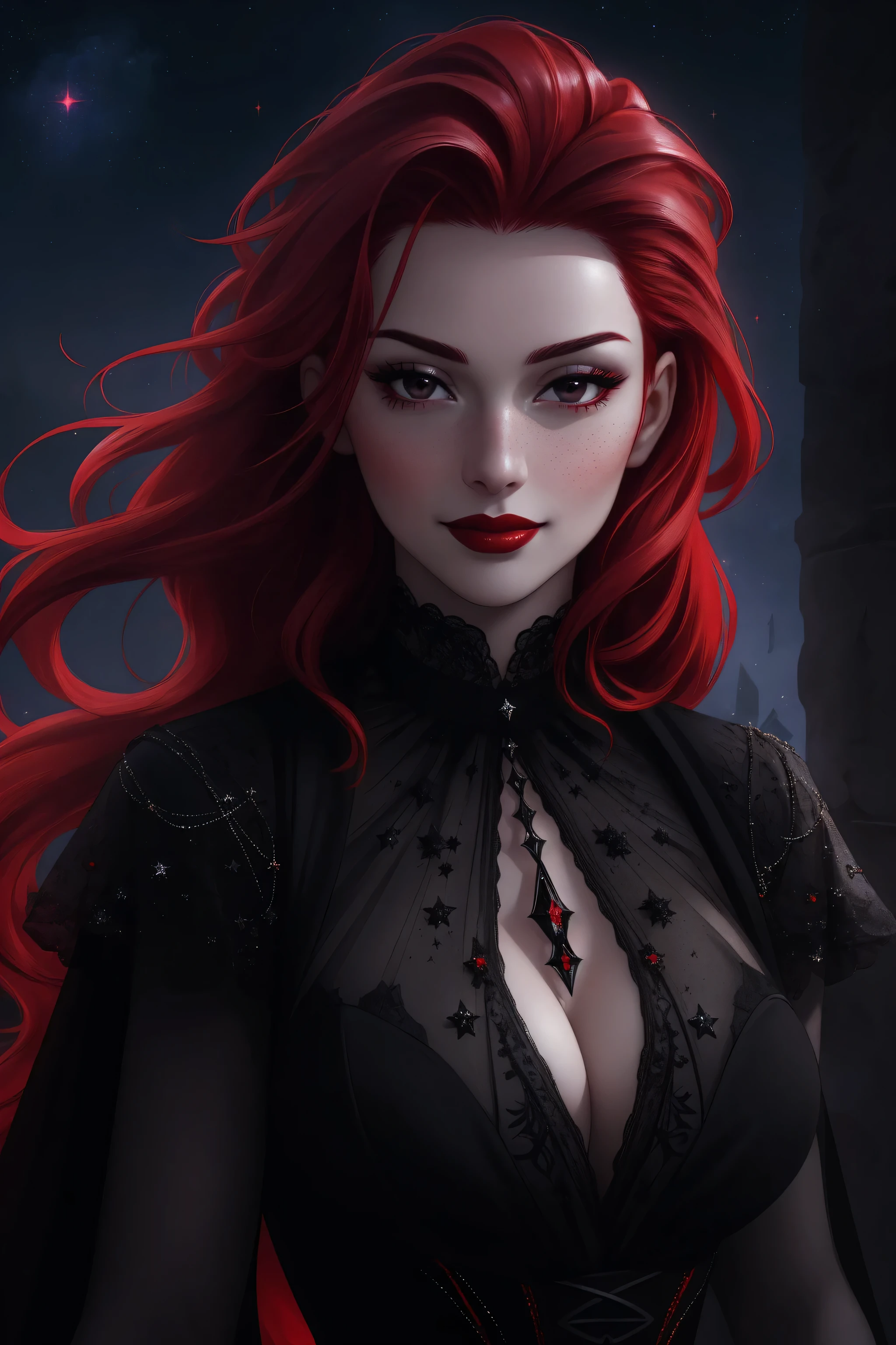 (Masterpiece - Ultra-Detailed, High Resolution) ((vivid red hair)), mature woman, 30 years old, diamond face, red starry sky background, depth of field, magic, big red lips, ((dark and black eyes)) black and red long and full dress, covered chest, mystical atmosphere, ominous shadows, Intense blue aura, Intense red aura (best quality:1.2), absurdres, intricate details, (highly detailed skin:1.2), smile expression, posing, taut and well defined body, attractive. Highly realistic, pale skin, beautiful, hyperrealism, skin very elaborated, direct gaze