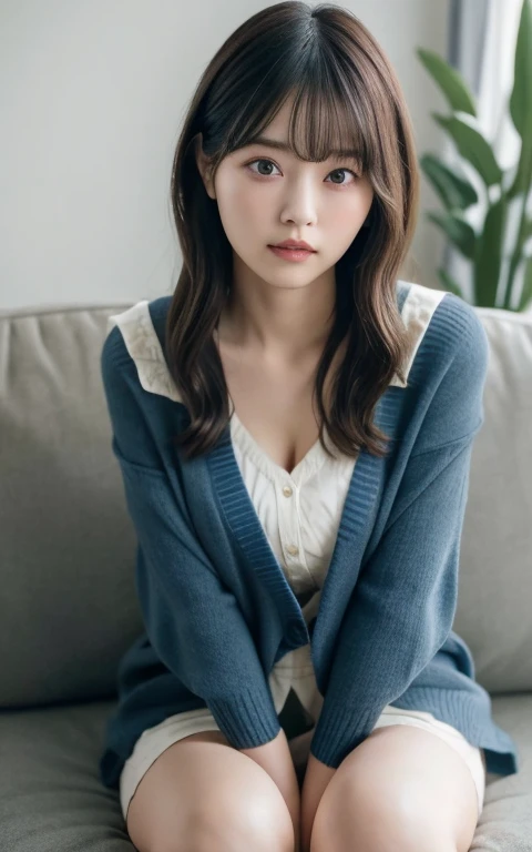 masterpiece, highest quality, 8k, 20th Generation, Large Breasts, cute, alone, sad, cute, Girlish, Delicate girl, Pure beauty,  RAW Photos, Professional photography, Portraiture, Soft Light, Professional Lighting, Backlight, Head to Knee, avert your eyes, Sophisticated, Film Grain, (Eyes and facial details:1.0), Short floating hair, Beautiful, flowing hair, bangs, (Loose cardigan(Dark blue))、(Large Breasts:1.0)、You can see a little cleavage、Micro Mini Skirt、Voluptuous thighs、Dolly Makeup、Odd Eye、The colour of the eyes are opposites