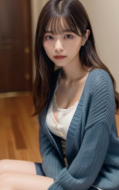 masterpiece, highest quality, 8k, 20th Generation, Large Breasts, cute, alone, sad, cute, Girlish, Delicate girl, Pure beauty, RAW Photos, Professional photography, Portraiture, Soft Light, Professional Lighting, Backlight, Head to Knee, avert your eyes, Sophisticated, Film Grain, (Eyes and facial details:1.0), Short floating hair, Beautiful, flowing hair, bangs, (Loose cardigan(Dark blue))、(Large Breasts:1.0)、You can see a little cleavage、Micro Mini Skirt、Voluptuous thighs、Dolly Makeup、Odd Eye、The colour of the eyes are opposites