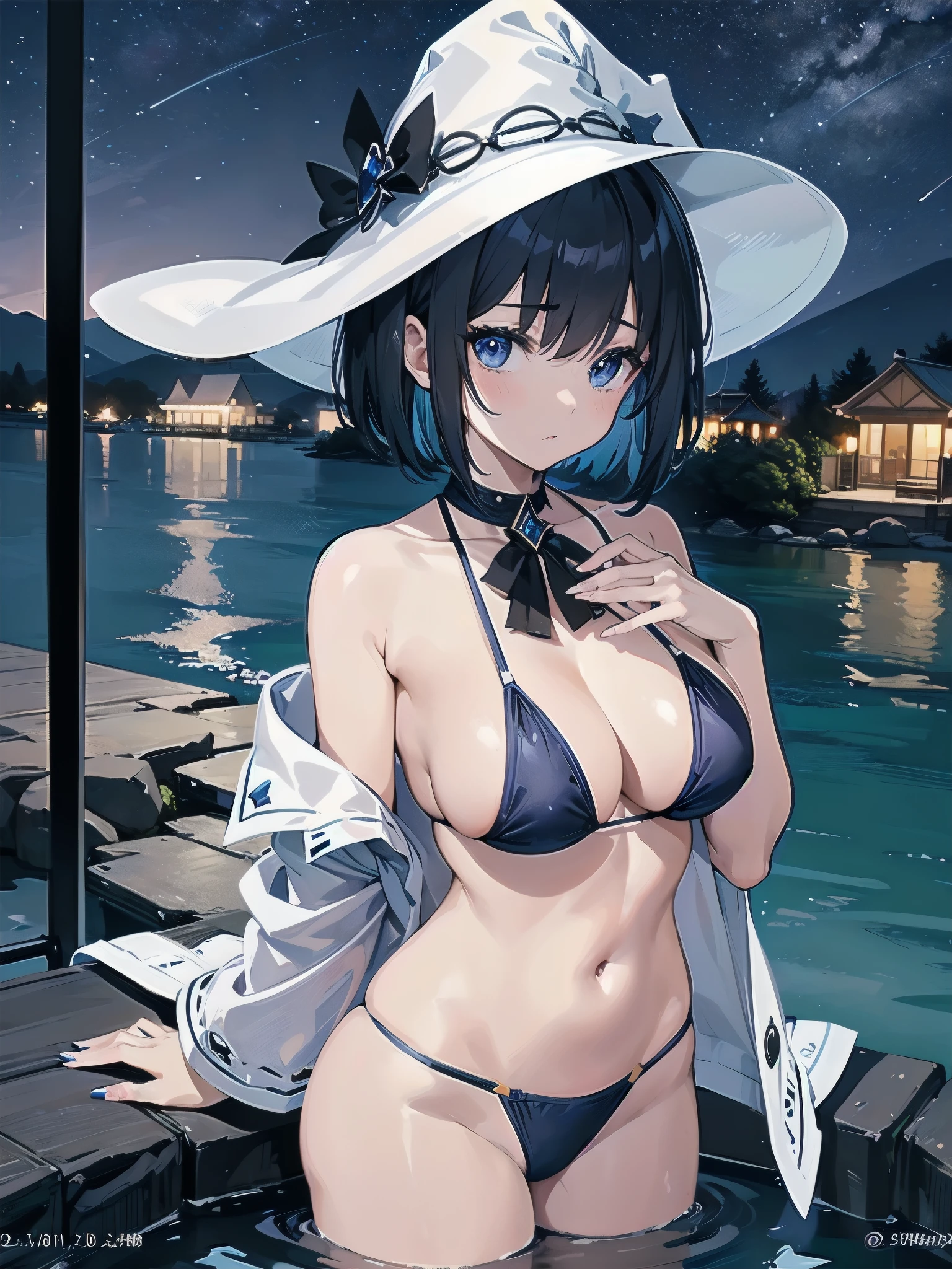 A girl stands in a hot spring with a view of the night view of Lake Suwa late at night、She has a short bob with a white lob of hair and wears a large black witch hat with sapphire jewelry.、A high school student wearing a navy blue bikini with a white ribbon on her chest.、She wears a large witch's hat with a small sapphire accessory、A few star creams、Beautiful starry sky、Beautiful night view、large witch's hat 、Navy blue bikini pants that dig into your stomach、Small breasts、A cup breasts、紺色のFull cup bikini topには白いフリルが付いています、Small breasts、Full cup bikini top、Slightly bulging breasts、Not big breasts、