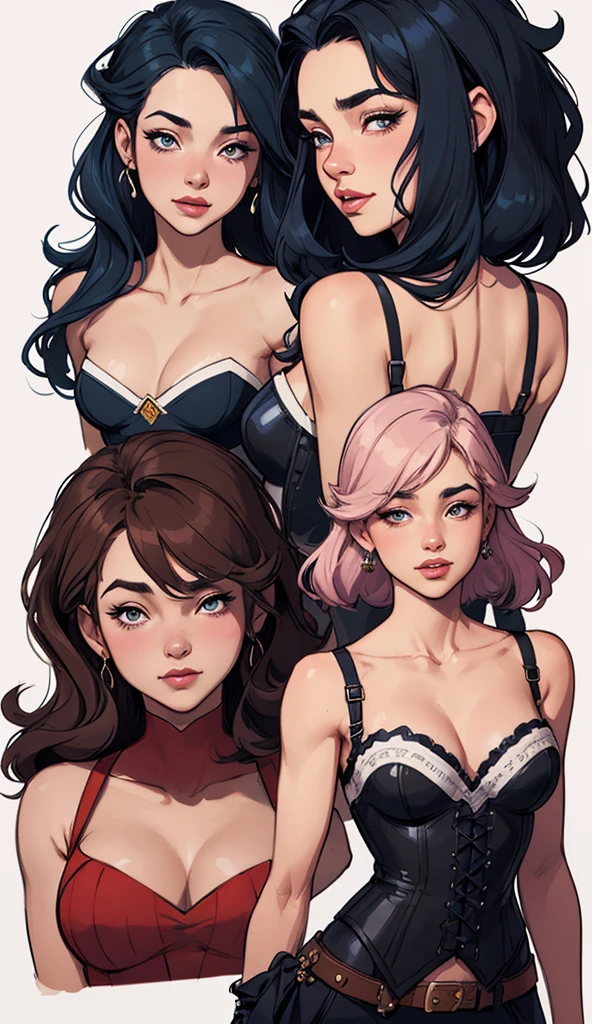 four pictures with different expressions in the same drawing style each shows one woman and two other girls, a few cartoon images of the same female character that i'm not sure what this is, a young girl touching her stomach and her breasts, a collection of sketches of several women, two pages show a woman in underwear next to another girl wearing a thongy panties