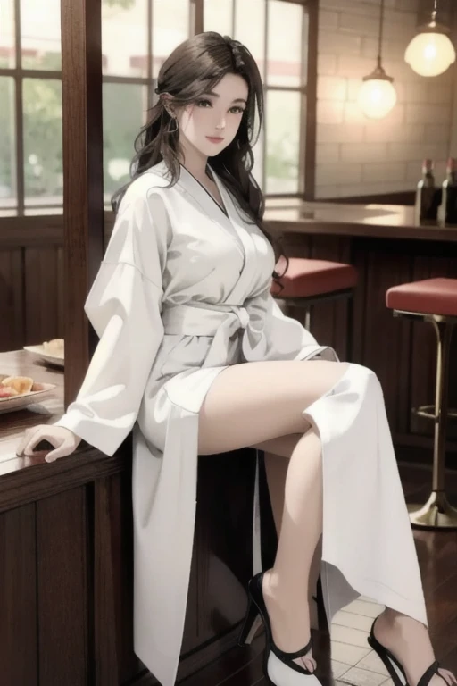 highest quality, Perfect Face, Complex, Beautiful views, Ultra-realistic 8K CG,Perfect artwork, 1 Female, Sayuri, alone, Large Breasts, Beautiful Skin, Beautiful feet, Beautiful Face, Beautiful body, White kimono, Long skirt, indoor, night, bar, Depth of written boundary, View your viewers ,
