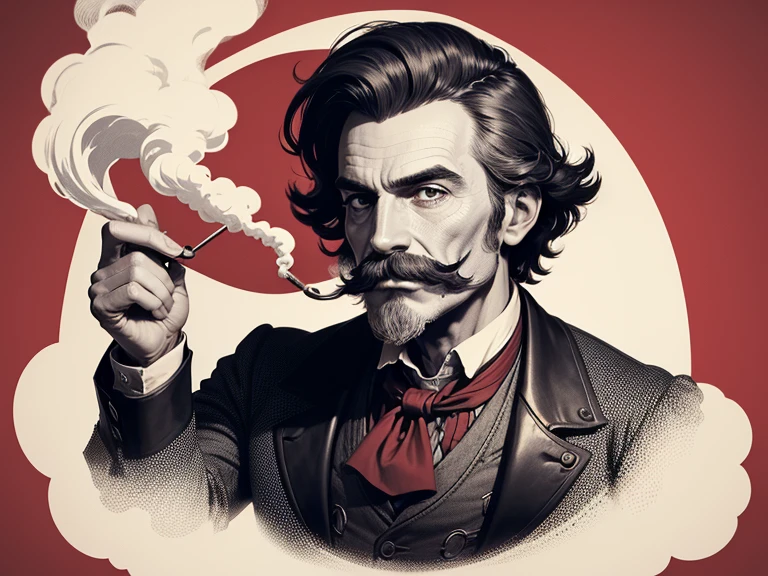 1815 scientist, mustache, smoking pipe, graphic monochromatic elegance, add the color red