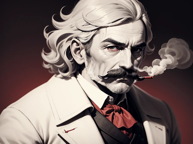 1815 scientist, mustache, smoking pipe, graphic monochromatic elegance, add the color red