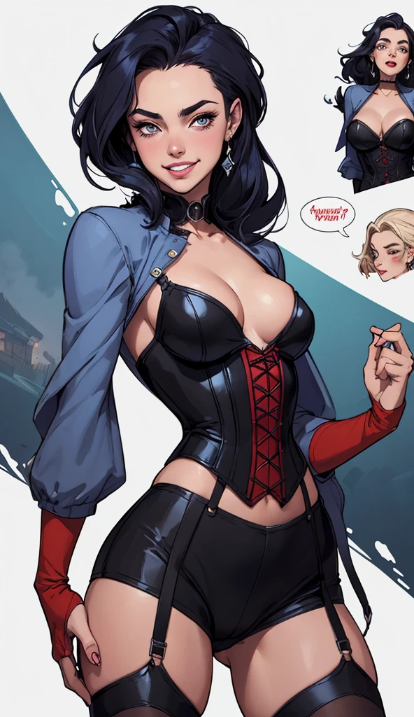 A sexy girl with a big breast, sensual beautiful short black hair, her blue eye, wears a red black bra and a black thong, a black heel. 