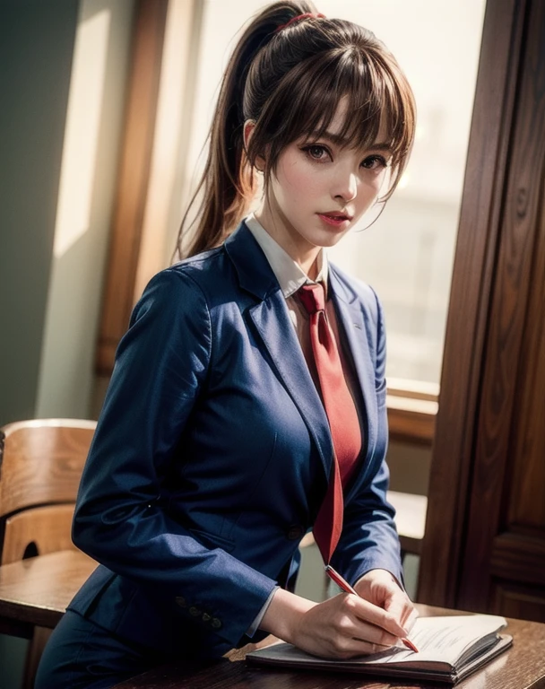 best quality, 8k resolution, ultra-detailed, realistic, smoky medium shot, chestnut hair, ponytail, poised like a female teacher, deep blue business suit, light red tie, long pencil skirt, alone, side lighting, shallow sharp depth of field, photorealistic.