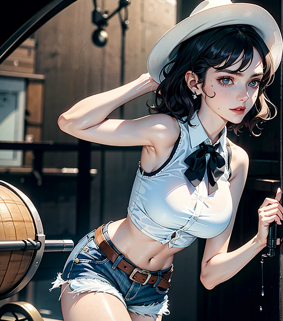absurdres, RAW photo, extremely delicate and beautiful, masterpiece, Best Quality, ultra high resolution, 32k, hyperrealistic, ultra-detailed, perfect anatomy, anatomically correct, perfect figure, super Detailed skin, pale skin, 20 years old, very Slim body, narrow waist, very small head, very small face, delicate facial features, detailed face, detailed eyes, tearful mole, earring, thin legs, bare legs, ((very huge round breasts)), short medium hair, ((wavy hair)), wet clothes, collared white shirt, ((cowgirl)), vests, cowboy hat, fingerless gloves, navel, neckerchief, short shorts, gun belt,