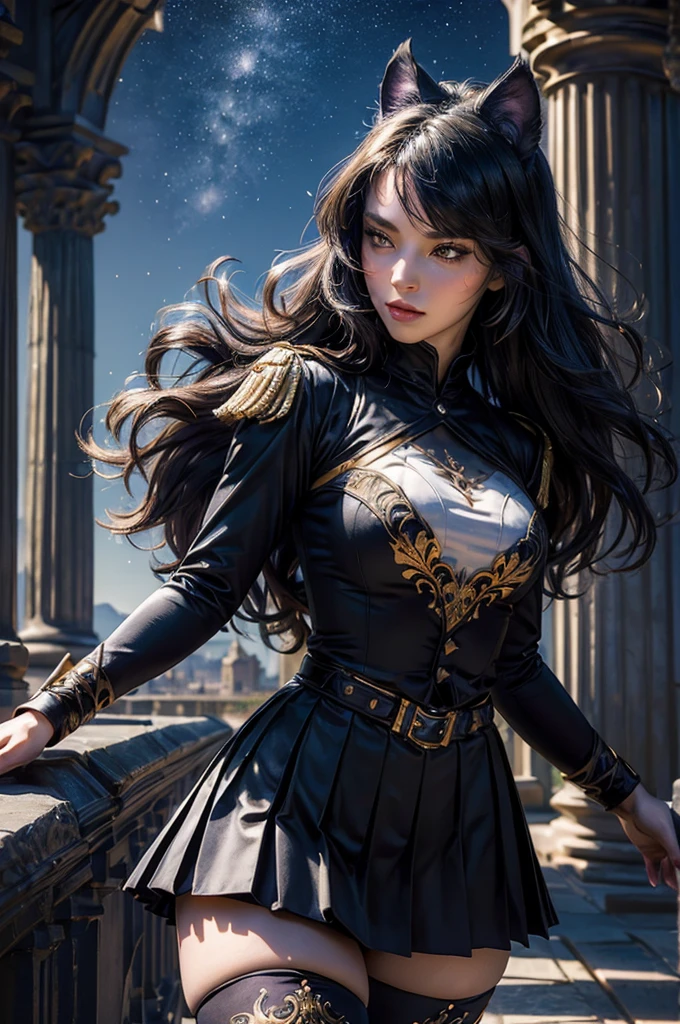 (masterpiece,stunning girlfriend, (standing:1.1), dynamic pose, heart shaped face, elegant face, beautiful face, highly detailed face, highly detailed skin, skin pores, subsurface scattering, realistic pupils, looking at viewer, full lips, detailed background, depth of field, atmospheric perspective, volumetric lighting, sharp focus, absurdres, realistic proportions, good anatomy, (realistic, hyperrealistic:1.4), 16k hdr, (masterpiece, best quality),  intricate details, 1girl,   blake_belladonna, gmuniform, pleated skirt, blue thighhighs,  black and gold uniform,  standing outside, night, stars, moonlight, gothic temple, pillars, ruins, river