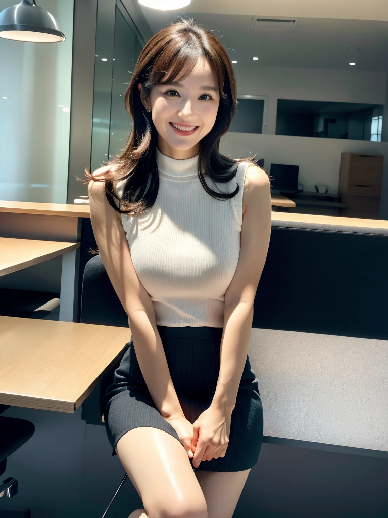 ulzzang -6500-v1.1、(Raw photo:1.2)、(Photorealsitic)、Beautiful details、(Real: 1.4)、Very detailedな目と顔、Beautiful detailsな目、Standing in the office、(Sleeveless high neck sweater、flare skirt:1.2)、(超Realパンスト、High heels)、Cross-legged、Large file sizes、High resolution、Very detailed、highest quality、[masterpiece:1.6]、An illustration、Very detailed、nffsw、Fine details、highest quality、8k wallpaper、Cinema Lighting、One mature woman、43 years old、Perfect figure、Cute droopy eyes beautiful big eyes、Peace Finger、((Mastepiece))、highest quality、One mature woman、eye shadow、Portrait、( (FULL BODYSHOT:1.4))、(A very kind smile:1.2)、