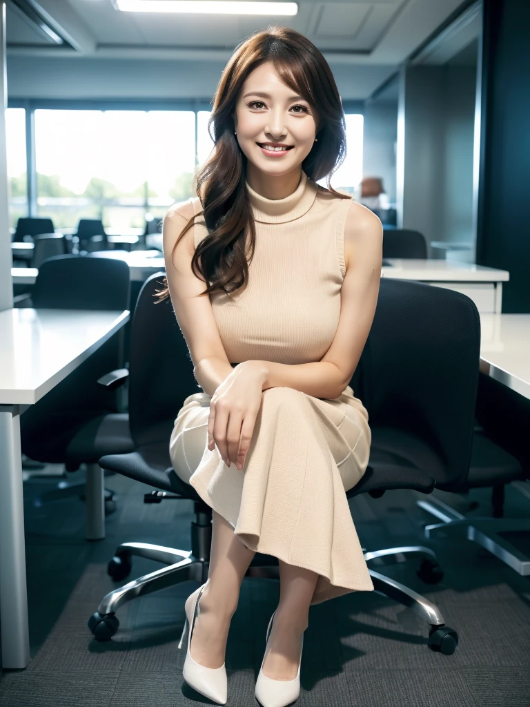 ulzzang -6500-v1.1、(Raw photo:1.2)、(Photorealsitic)、Beautiful details、(Real: 1.4)、Very detailedな目と顔、Beautiful detailsな目、Standing in the office、(Sleeveless high neck sweater、flare skirt:1.2)、(超Realパンスト、High heels)、Cross-legged、Large file sizes、High resolution、Very detailed、highest quality、[masterpiece:1.6]、An illustration、Very detailed、nffsw、Fine details、highest quality、8k wallpaper、Cinema Lighting、One mature woman、43 years old、Perfect figure、Cute droopy eyes beautiful big eyes、Peace Finger、((Mastepiece))、highest quality、One mature woman、eye shadow、Portrait、( (FULL BODYSHOT:1.4))、(A very kind smile:1.2)、