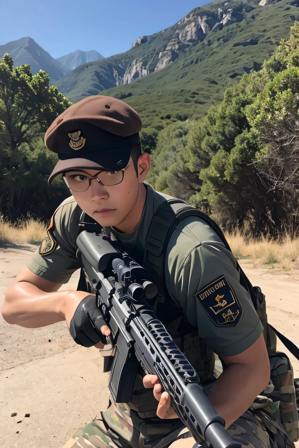 highest quality, Raw photo, Realistic photos, Rifle in right hand, Shooting pose with a rifle, Army male soldier, Aim at the target, Staring at the target, Wide-angle shot, Dynamic perspective, masterpiece