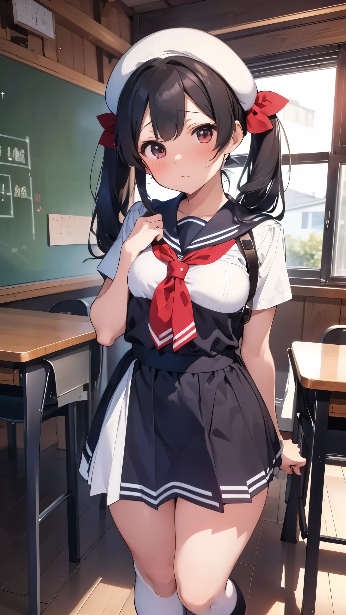 masterpiece、Highest quality、Ultra-high resolution、Big tits teen 、Twin tail hairstyle、Black Hair、Red face、mock、Open your mouth just a little、Short-sleeved sailor 、 for **************girls、Knee-high socks for teenage girls、White beret for teenage girls、In the classroom