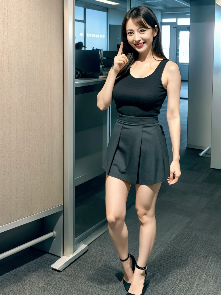 ulzzang -6500-v1.1、(Raw photo:1.2)、(Photorealsitic)、Beautiful details、(Real: 1.4)、Very detailedな目と顔、Beautiful detailsな目、Standing in the office、(Sleeveless high neck sweater、flare skirt:1.2)、(超Realパンスト、High heels)、Cross-legged、Large file sizes、High resolution、Very detailed、highest quality、[masterpiece:1.6]、An illustration、Very detailed、nffsw、Fine details、highest quality、8k wallpaper、Cinema Lighting、One mature woman、43 years old、Perfect figure、Cute droopy eyes beautiful big eyes、Peace Finger、((Mastepiece))、highest quality、One mature woman、eye shadow、Portrait、( (FULL BODYSHOT:1.4))、(A very kind smile:1.2)、