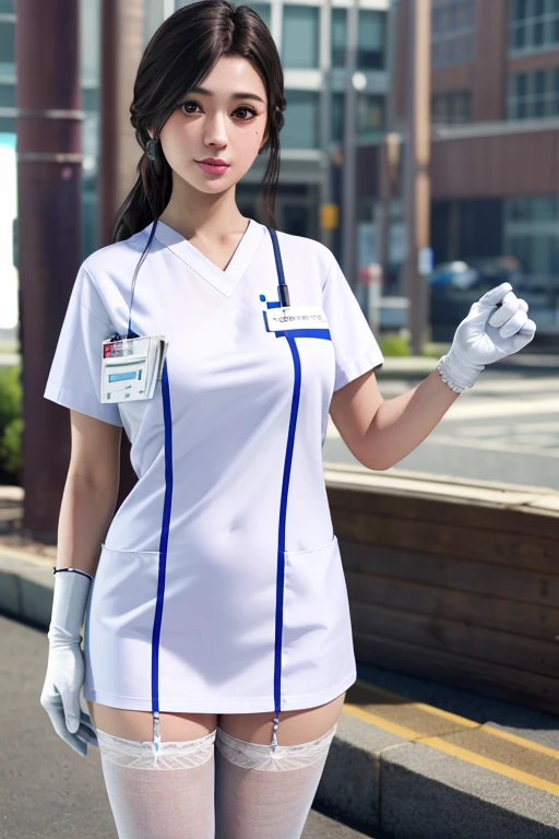 {{masterpiece、highest quality、(((Realistic、Realistic:1.37)))、8K quality}}, Sayuri, One girl, White nurse uniform, gloves, skirt, White Pantyhose, beautiful, masterpiece, hospital