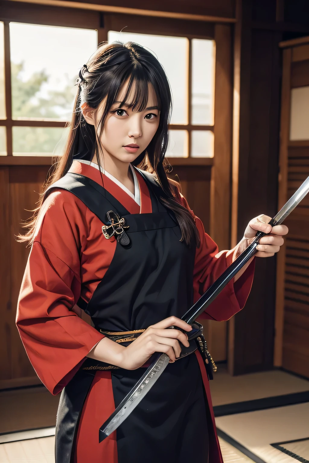 highest quality, Raw photo, Realistic photos, Holding a Japan sword in his right hand, Slashing pose with a Japanese sword, loooking at viewer, Glaring at the audience, Japanese female samurai, Wide-angle shot, Dynamic perspective, masterpiece