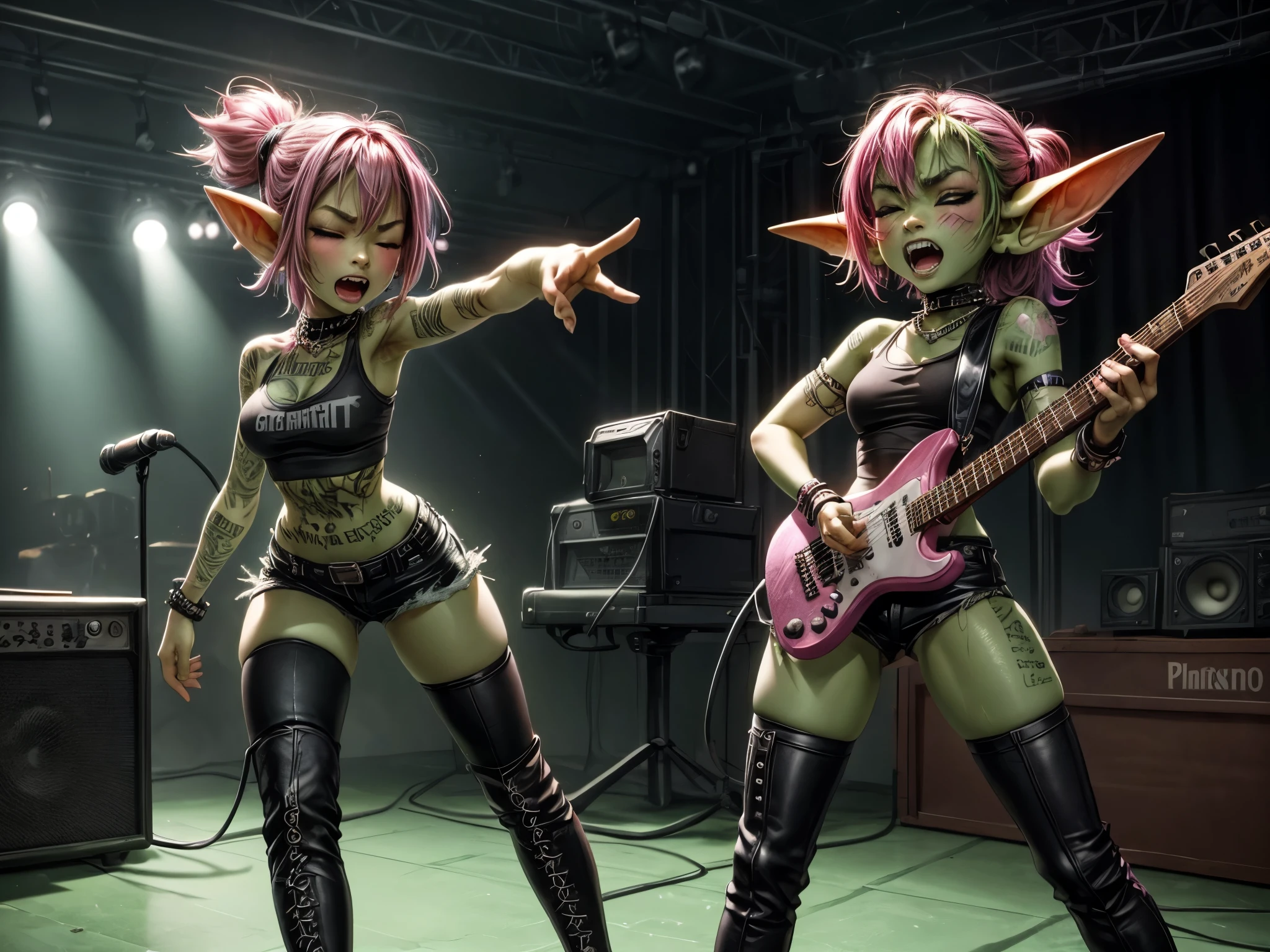 absurd resolution, ((best quality)), ((masterpiece)), (very detailed), 4k, goblin girl, hardcore punk rocker, pink hair, brown eyes, torn tank top, ripped black jeans, chains, pink eye makeup, ripped fishnets, on stage performing in small punk club, ((green skin)), small pointy ears, screaming into microphone, eyes closed, angry, dynamic pose, thigh high boots (holding electric guitar), (1girl) (solo) leg perched on speaker