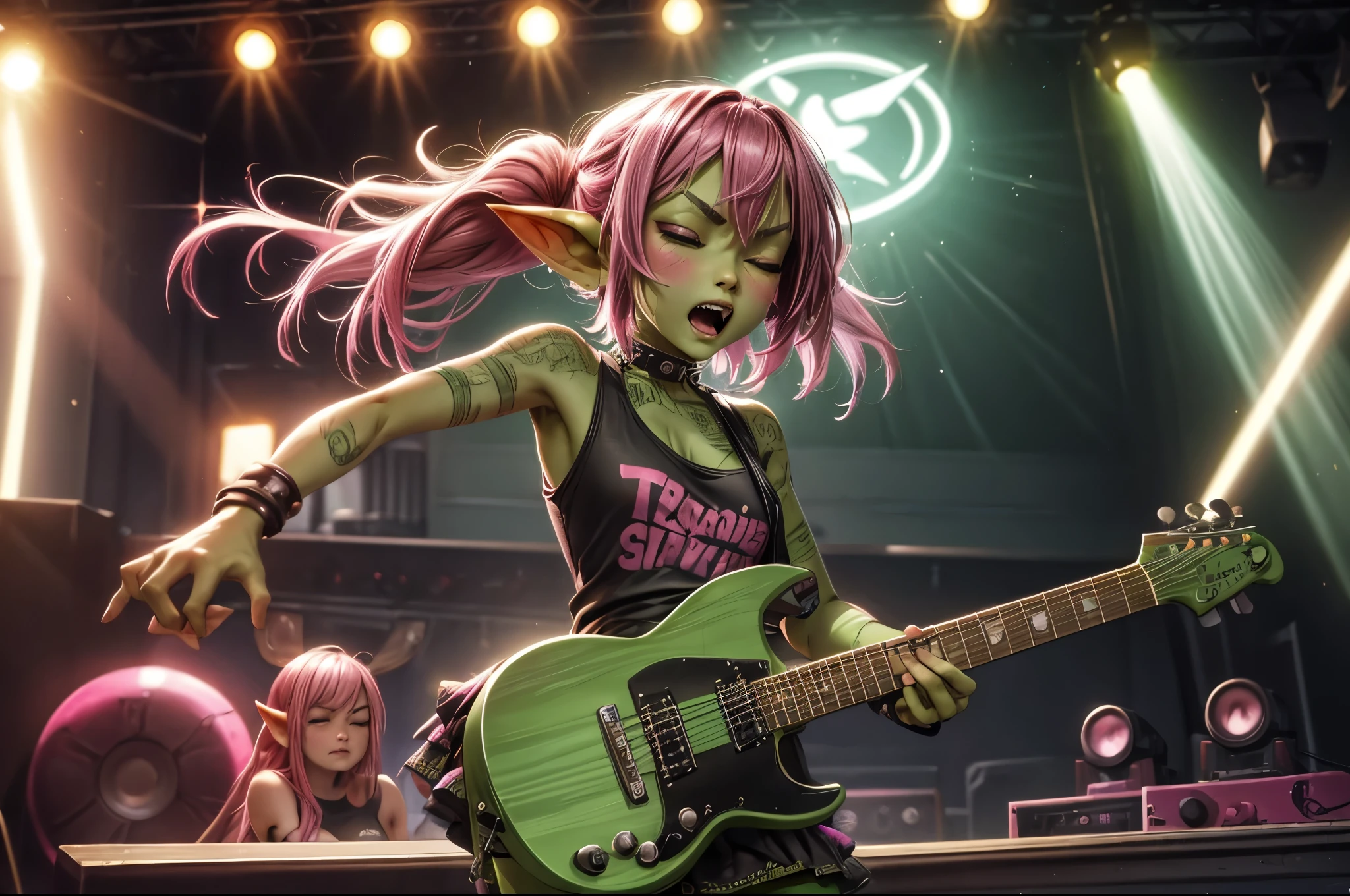 absurd resolution, ((best quality)), ((masterpiece)), (very detailed), 4k, goblin girl, hardcore punk rocker, pink hair, brown eyes, torn tank top, microskirt, chains, pink eye makeup, ripped fishnets, on stage performing in small punk club, ((green skin)), small pointy ears, screaming into microphone, eyes closed, angry, dynamic pose, thigh high boots (holding electric guitar), (1girl) (solo) leg perched on speaker