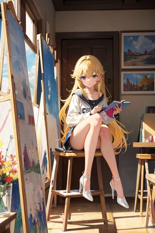 1girl,Beautiful College Student,Blond hair, long hair,casual clothing,high-heels,in art studio,campus beauty, Painting, colorful,easel,stool,Sitting on Stool, Focus on creating artwork