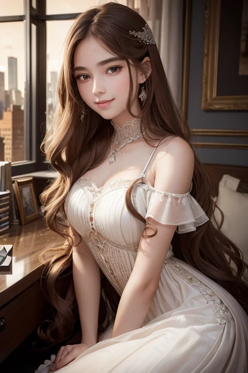 1 girl in, 20's, detailed beautiful face, Sorrisos, beautiful eyes in detail, Light brown hair of medium length, Wearing a fashionable white dress, Looks like a princess, cleavage, Hair ornaments, earings, necklaces, Realistic detailed skin texture, Detailed hair, In the hotel lounge, at night, foco nítido, Upper body portrait, K-pop Idol Girl,s1nt1a --auto