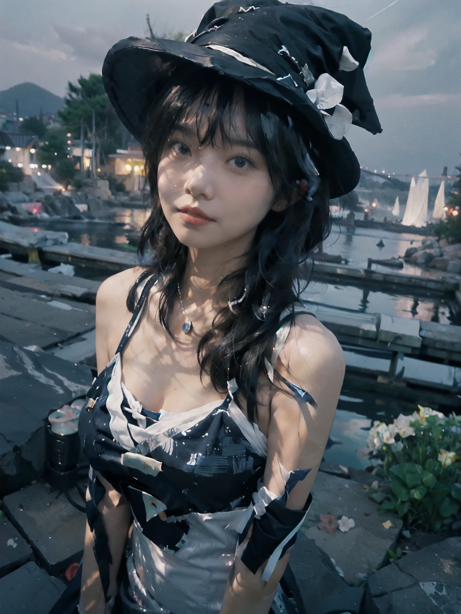 A girl stands in a hot spring with a view of the night view of Lake Suwa late at night、She has a short bob with a white lob of hair and wears a large black witch hat with sapphire jewelry.、A high school student wearing a navy blue bikini with a white ribbon on her chest.、She wears a large witch's hat with a small sapphire accessory、A few star creams、Beautiful starry sky、Beautiful night view、large witch's hat 、Navy blue bikini pants that dig into your stomach、Small breasts、A cup breasts、紺色のFull cup bikini topには白いフリルが付いています、Small breasts、Full cup bikini top、Slightly bulging breasts、Not big breasts、