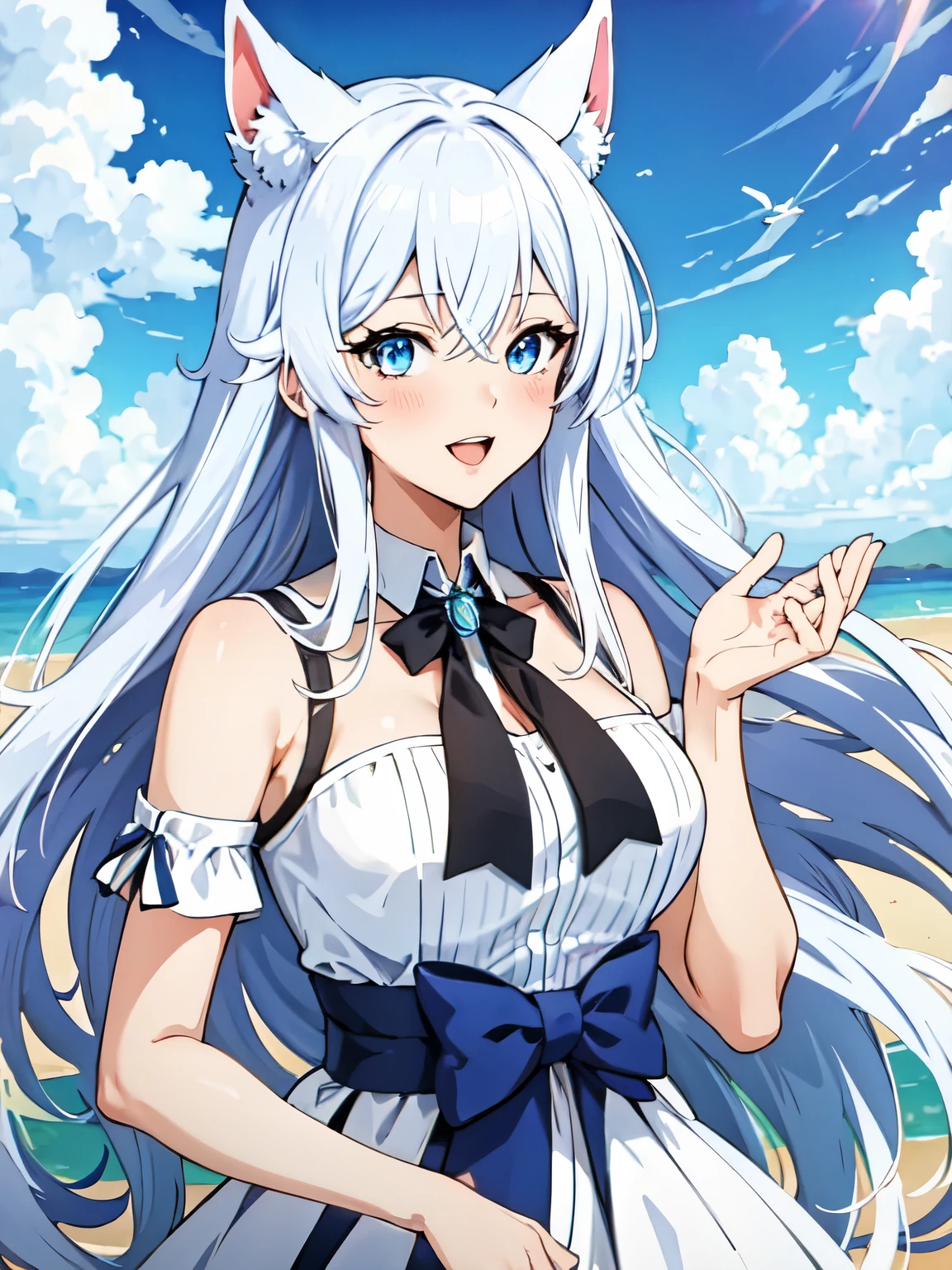 ((Masterpiece, highest quality: 1.2), detailed image, anime character, one girl, blue eyes, rich breasts, white dress, black ribbon tied around the waist, white animal ears, long white hair