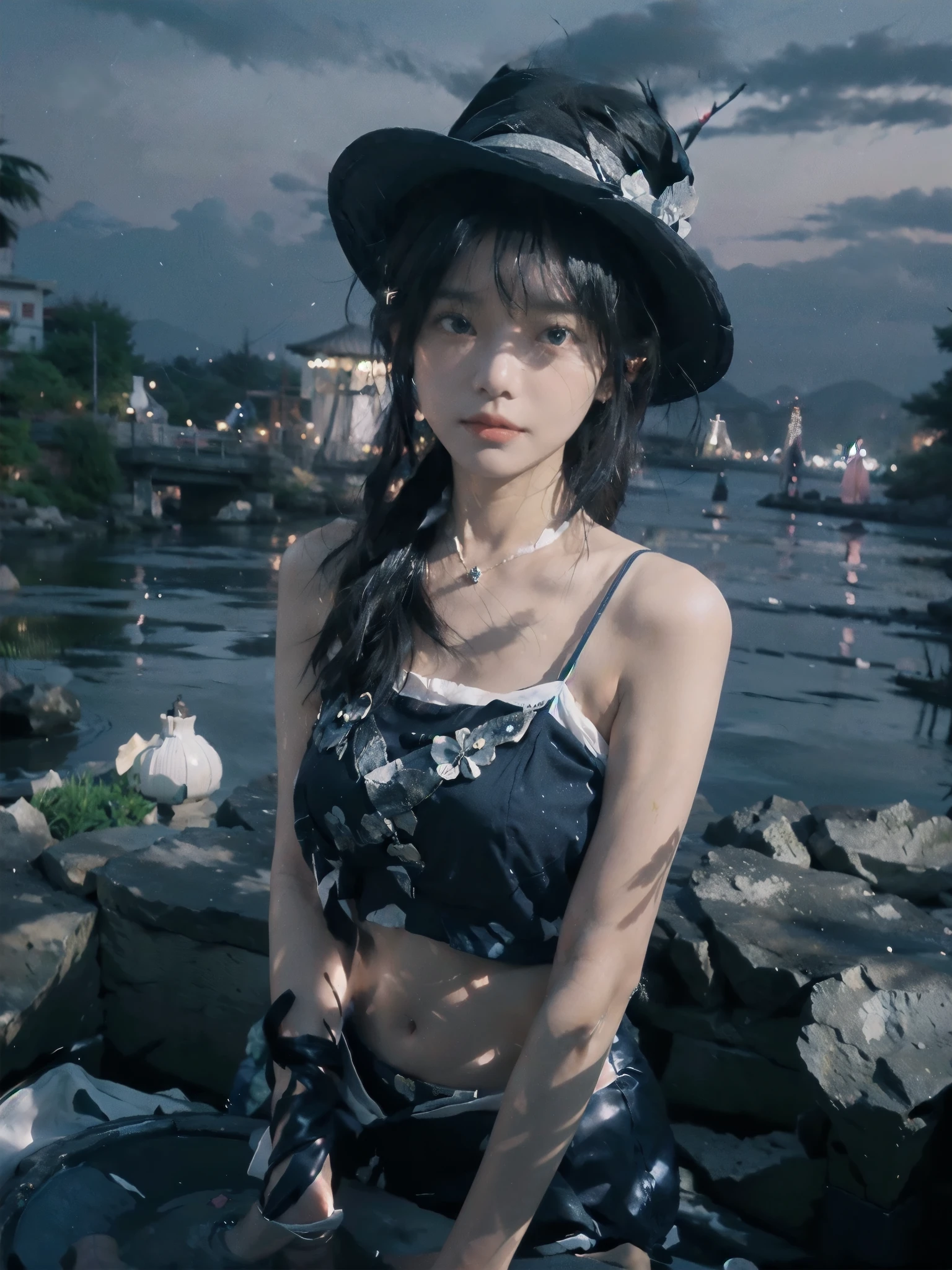 A girl stands in a hot spring with a view of the night view of Lake Suwa late at night、She has a short bob with a white lob of hair and wears a large black witch hat with sapphire jewelry.、A high school student wearing a navy blue bikini with a white ribbon on her chest.、She wears a large witch's hat with a small sapphire accessory、A few star creams、Beautiful starry sky、Beautiful night view、large witch's hat 、Navy blue bikini pants that dig into your stomach、Small breasts、A cup breasts、紺色のFull cup bikini topには白いフリルが付いています、Small breasts、Full cup bikini top、Slightly bulging breasts、Not big breasts、